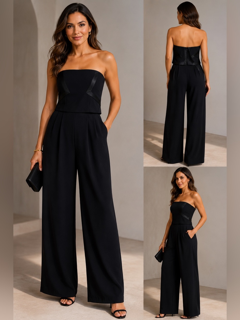 Jones New York vintage black strapless tuxedo stripe detailing jumpsuit Sz 10